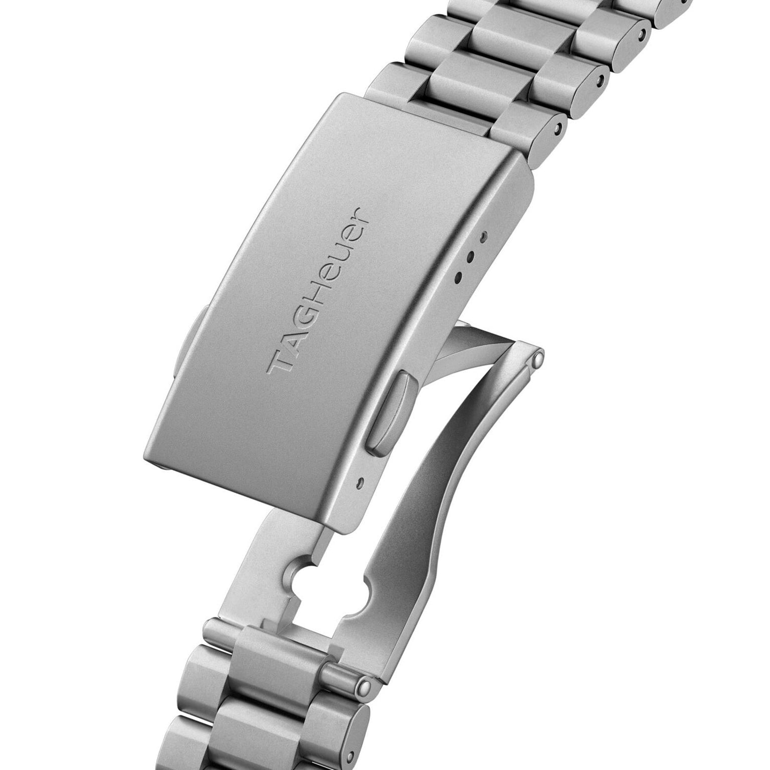 Close-up of a partially open silver clasp on the TAG Heuer Formula 1 Solargraphs metal bracelet.