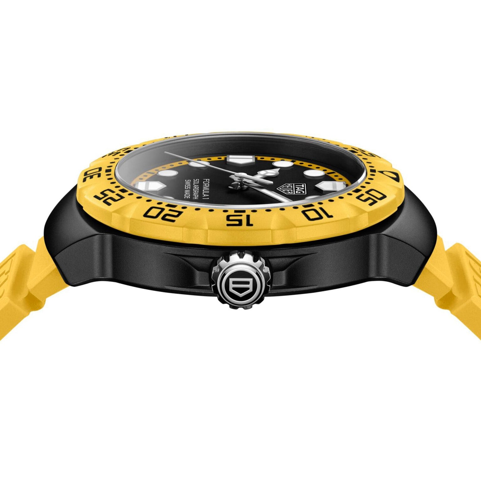 Side view of the TAG Heuer Formula 1 Solargraph wristwatch in black and yellow, featuring a yellow bezel, strap, and detailed crown.