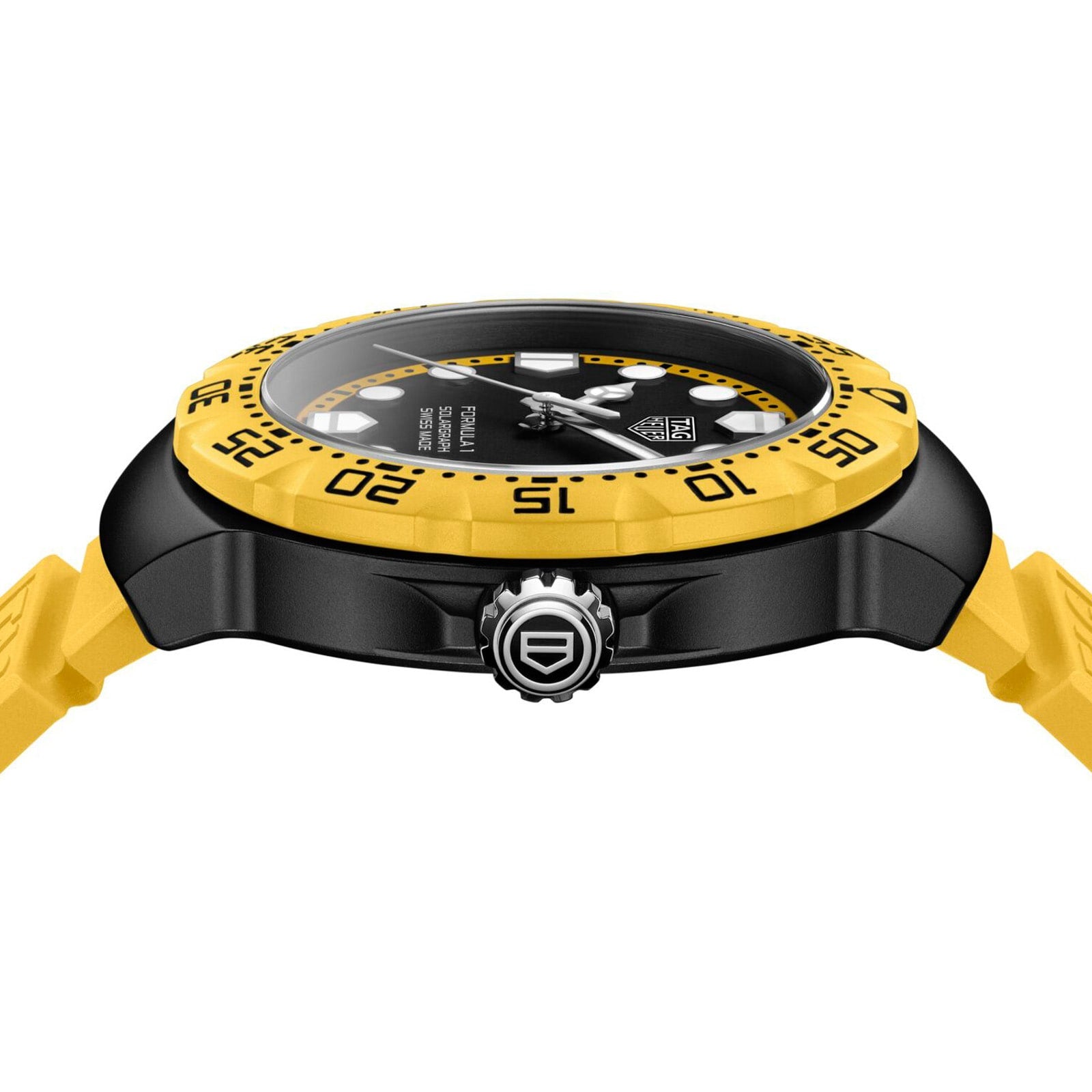 Side view of the TAG Heuer Formula 1 Solargraph wristwatch in black and yellow, featuring a yellow bezel, strap, and detailed crown.