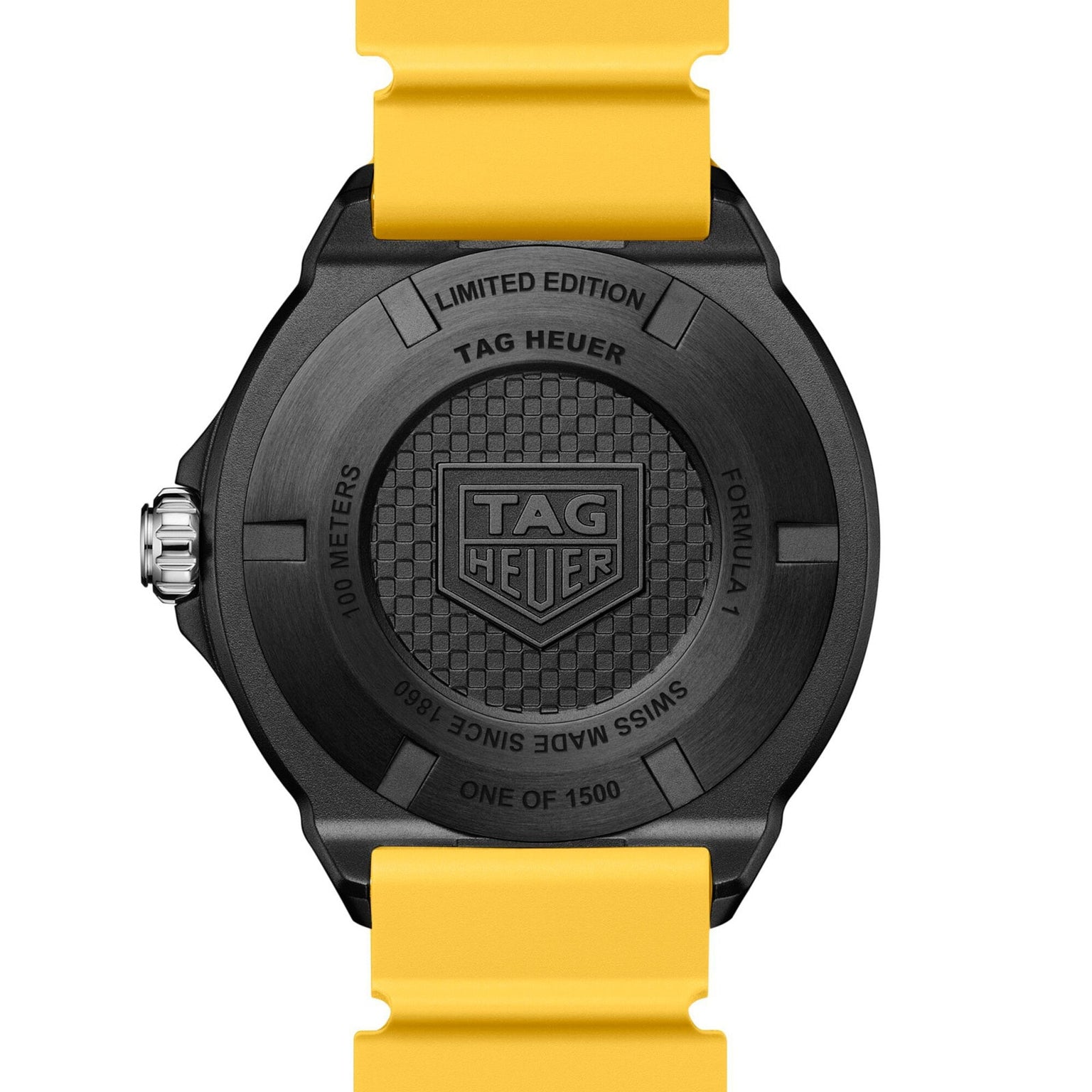 Back of a TAG Heuer Formula 1 Solargraph watch with a yellow strap, engraved with “Limited Edition” and “One of 1500”.