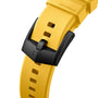 Close-up of a yellow TAG Heuer Formula 1 Solargraph watch strap with a black buckle.