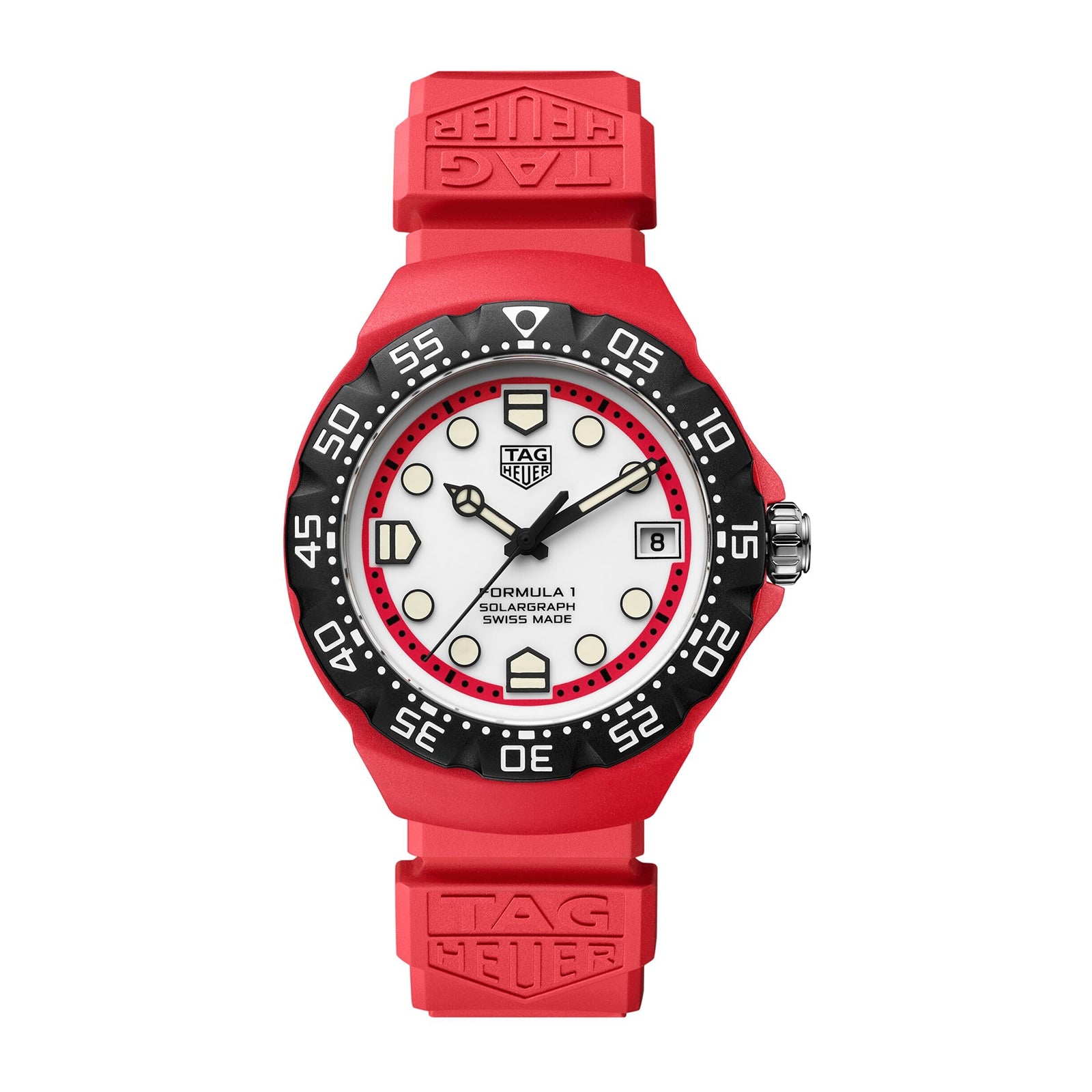 The TAG Heuer Formula 1 Solargraph features a striking red design with a black bezel and white dial, highlighted by bold hour markers.
