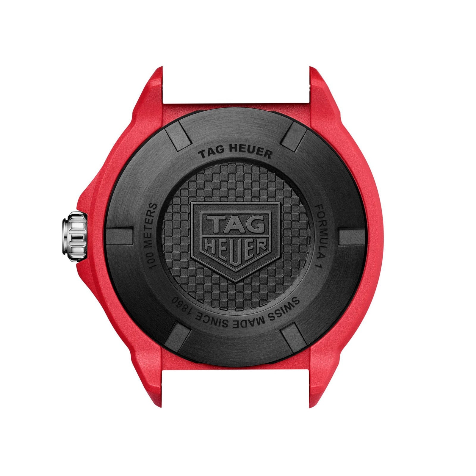Back view of the TAG Heuer Formula 1 Solargraph featuring a red case, black back, and engraved logo and text.