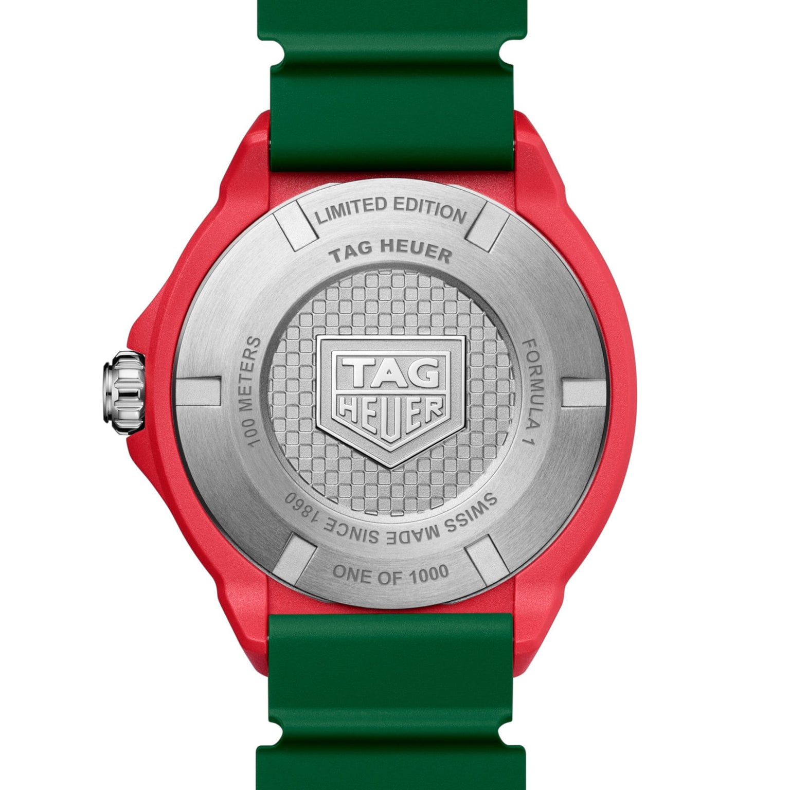 Back of a TAG Heuer Formula 1 Solargraph watch with red case, green strap, and engraved text One of 1000.