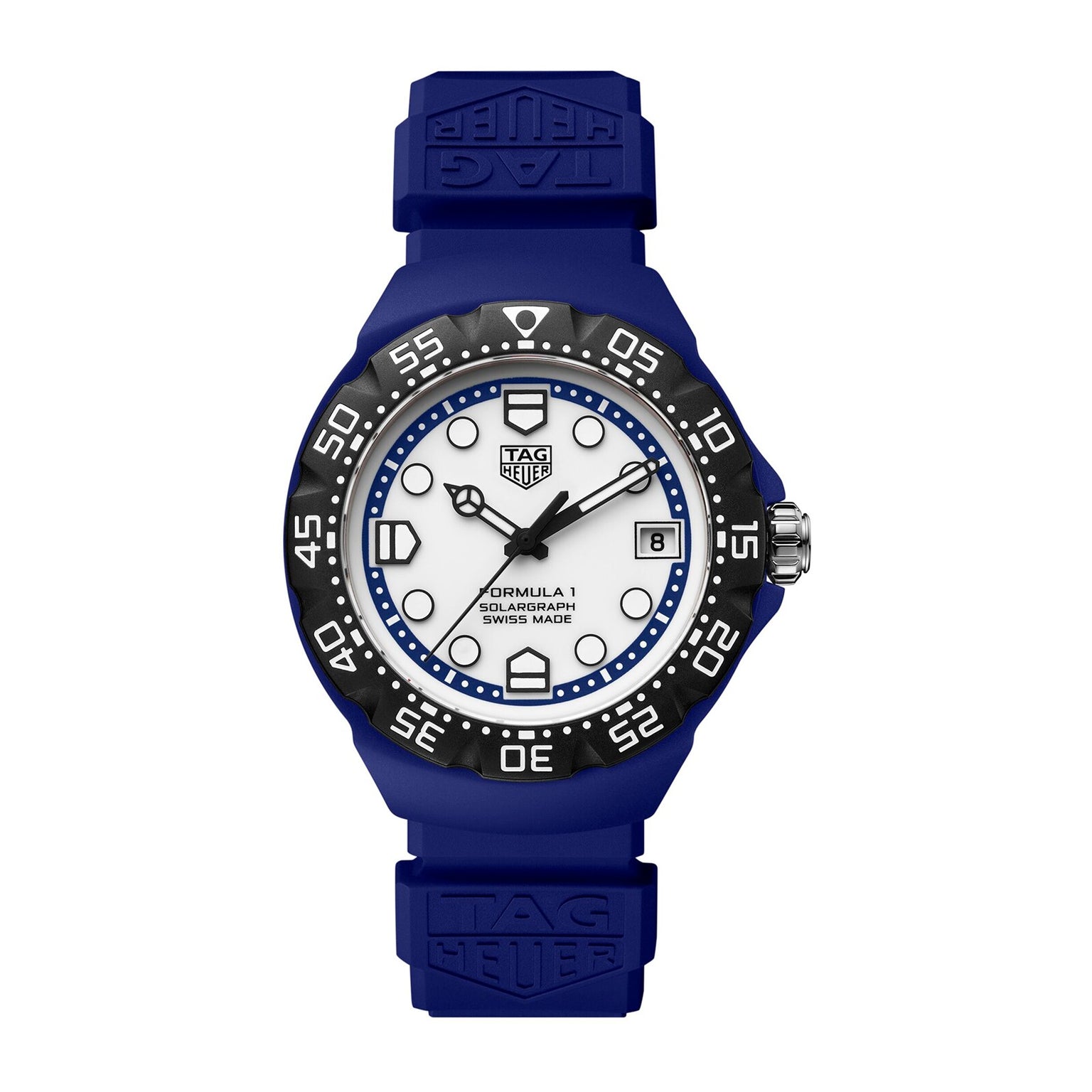 Blue TAG Heuer Formula 1 Solargraph watch featuring a white dial, black bezel, and blue rubber strap.
