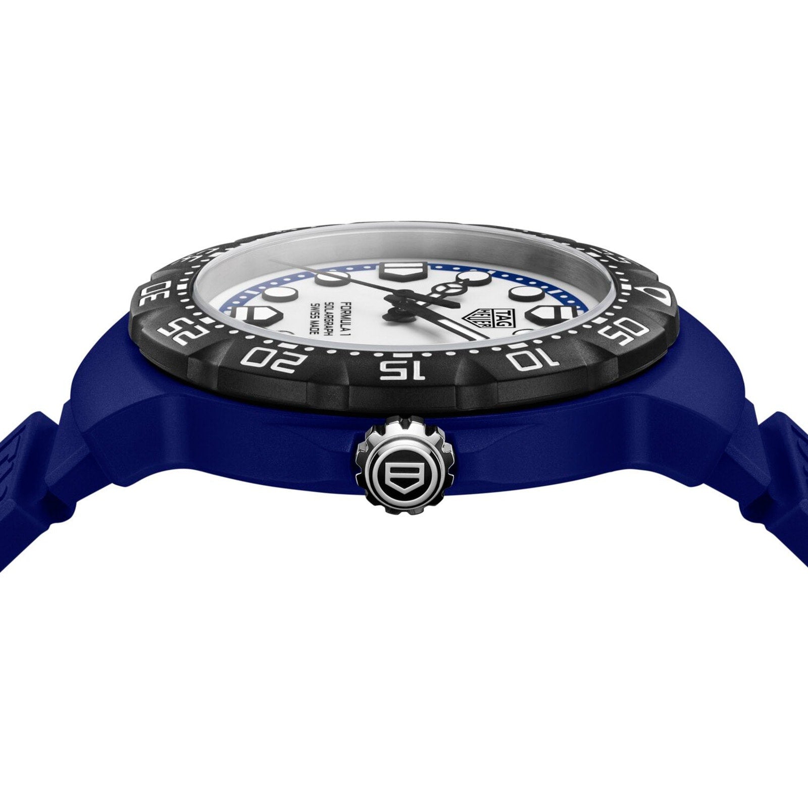 TAG Heuer Formula 1 Solargraph wristwatch with a blue strap, black bezel, white dial, and black crown, viewed from the side.