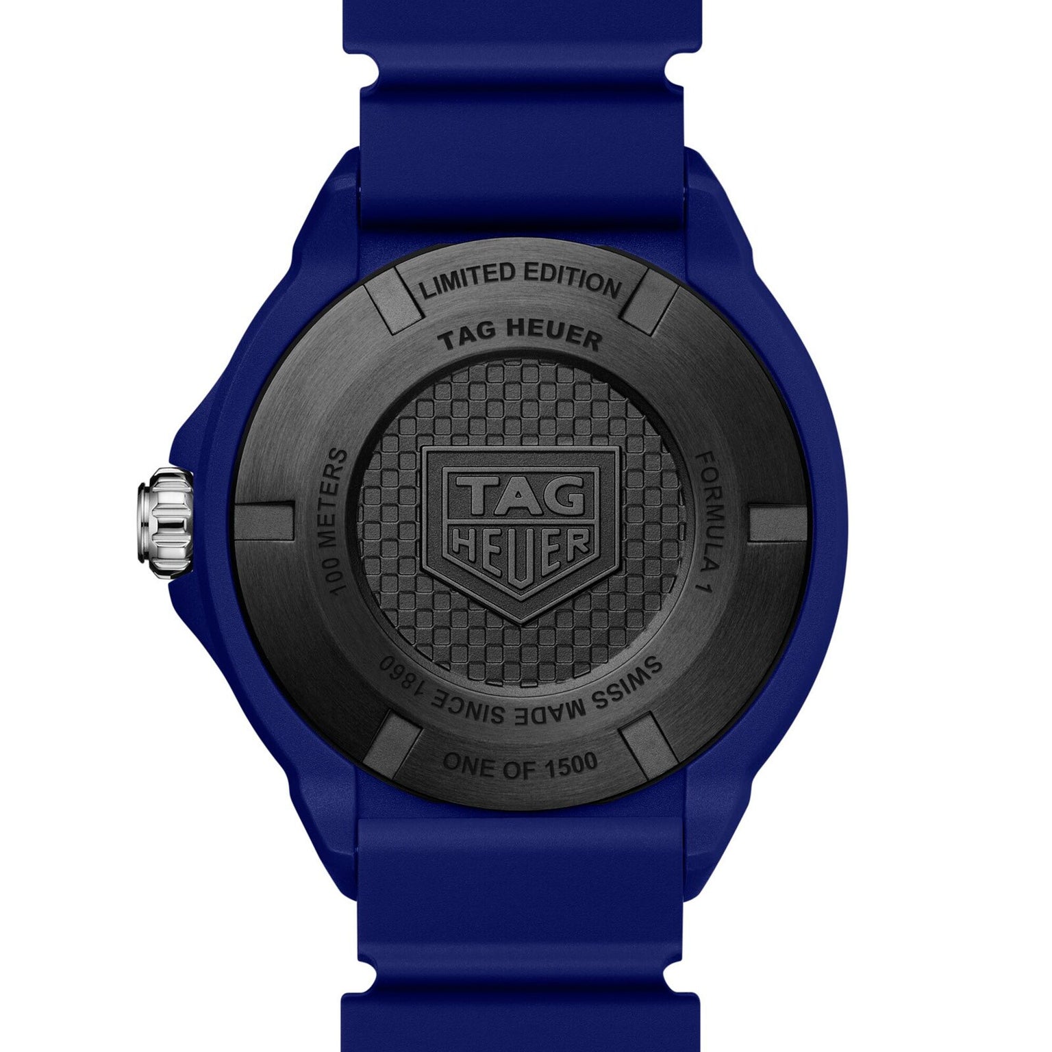 Back of a blue TAG Heuer Formula 1 Solargraph watch with engraved logo and limited edition details, one of 1500.