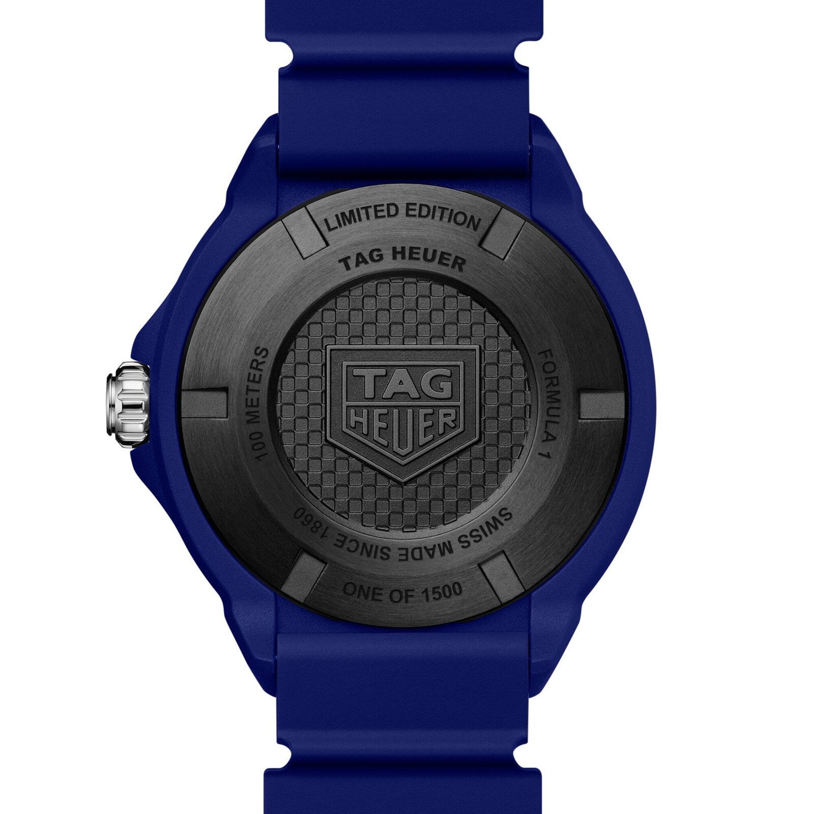 Back of a blue TAG Heuer Formula 1 Solargraph watch with engraved logo and limited edition details, one of 1500.