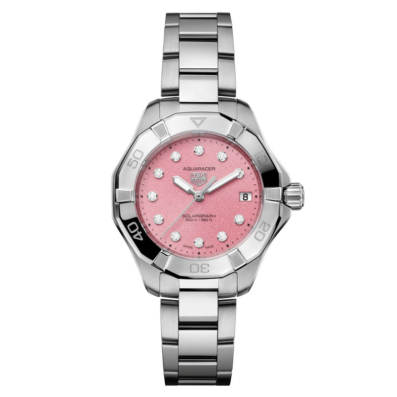 Silver TAG Heuer Professional 200 Solargraph watch featuring a pink textured dial and diamond hour markers.