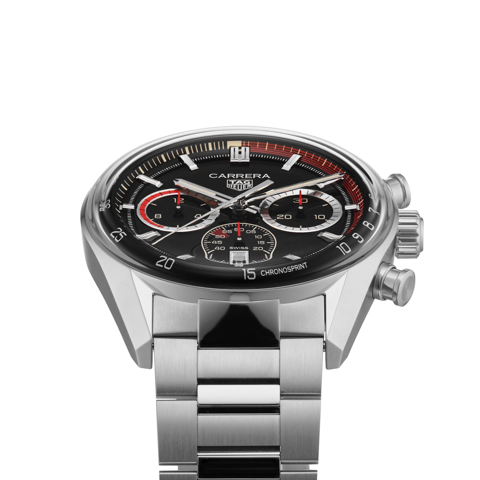 TAG Heuer Carrera Chronosprint x Porsche Rallye Limited Edition chronograph watch with a black dial and stainless steel bracelet, viewed from the front angle.
