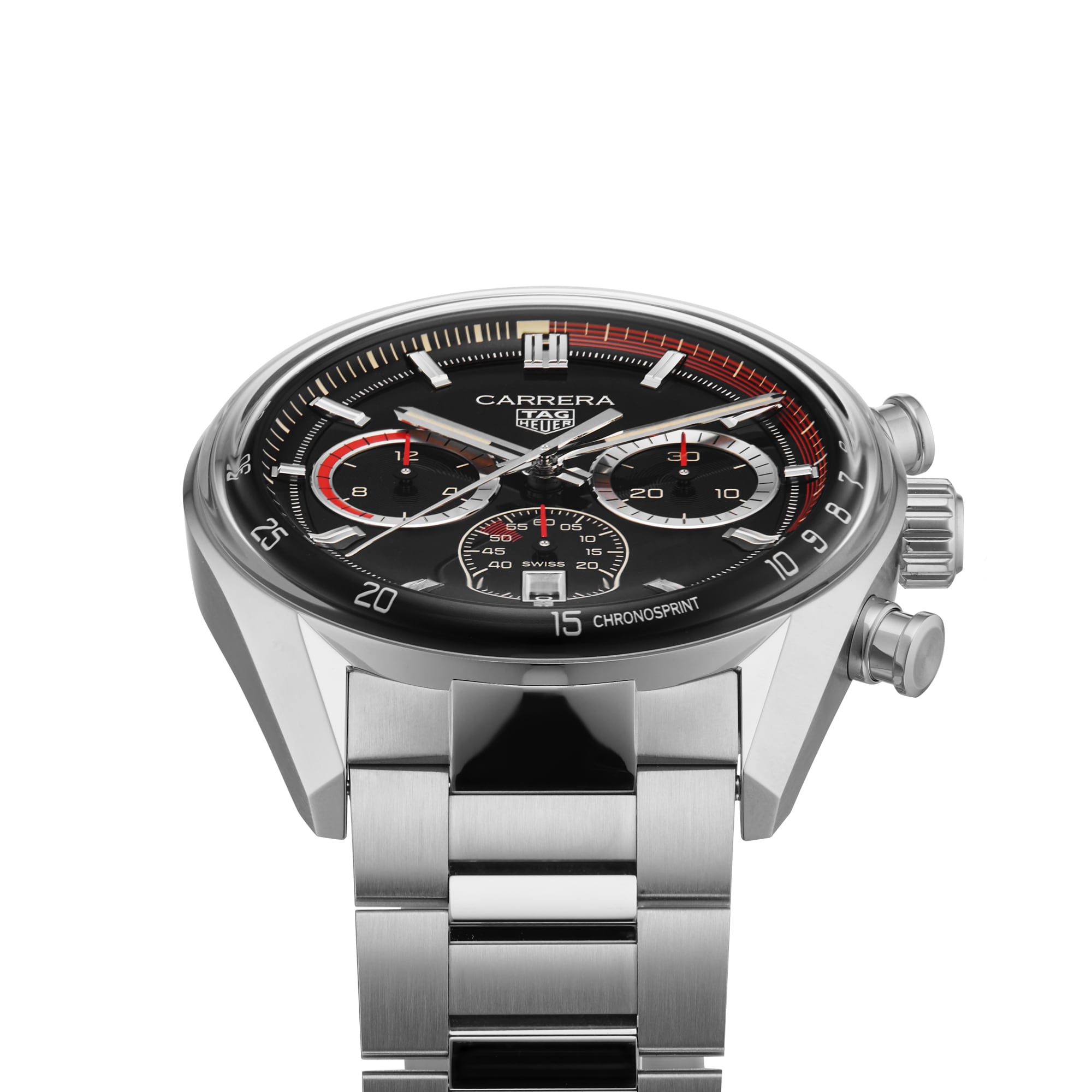 TAG Heuer Carrera Chronosprint x Porsche Rallye Limited Edition chronograph watch with a black dial and stainless steel bracelet, viewed from the front angle.