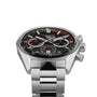 TAG Heuer Carrera Chronosprint x Porsche Rallye Limited Edition chronograph watch with a black dial and stainless steel bracelet, viewed from the front angle.