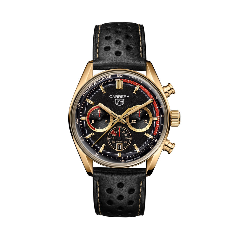 TAG Heuer Carrera Chronosprint x Porsche Rallye chronograph featuring a black dial with red accents and a perforated black leather strap.
