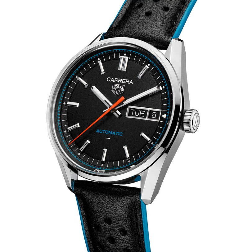 The TAG Heuer Carrera Day-Date wristwatch features a black leather strap, silver bezel, and displays both the date and day.