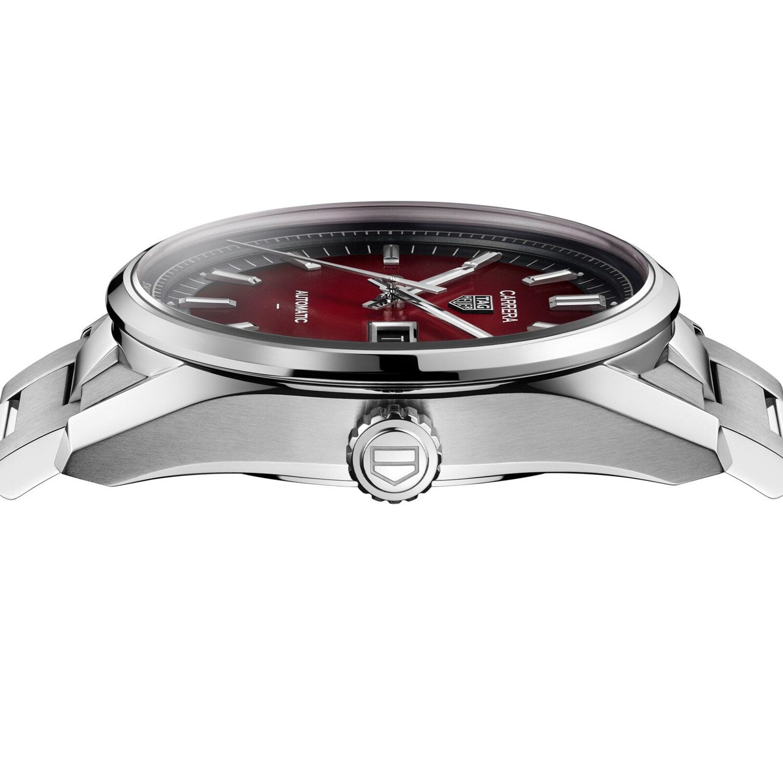 Side view of the TAG Heuer Carrera Day-Date wristwatch, featuring a silver metallic strap and a red dial, displayed against a white background.