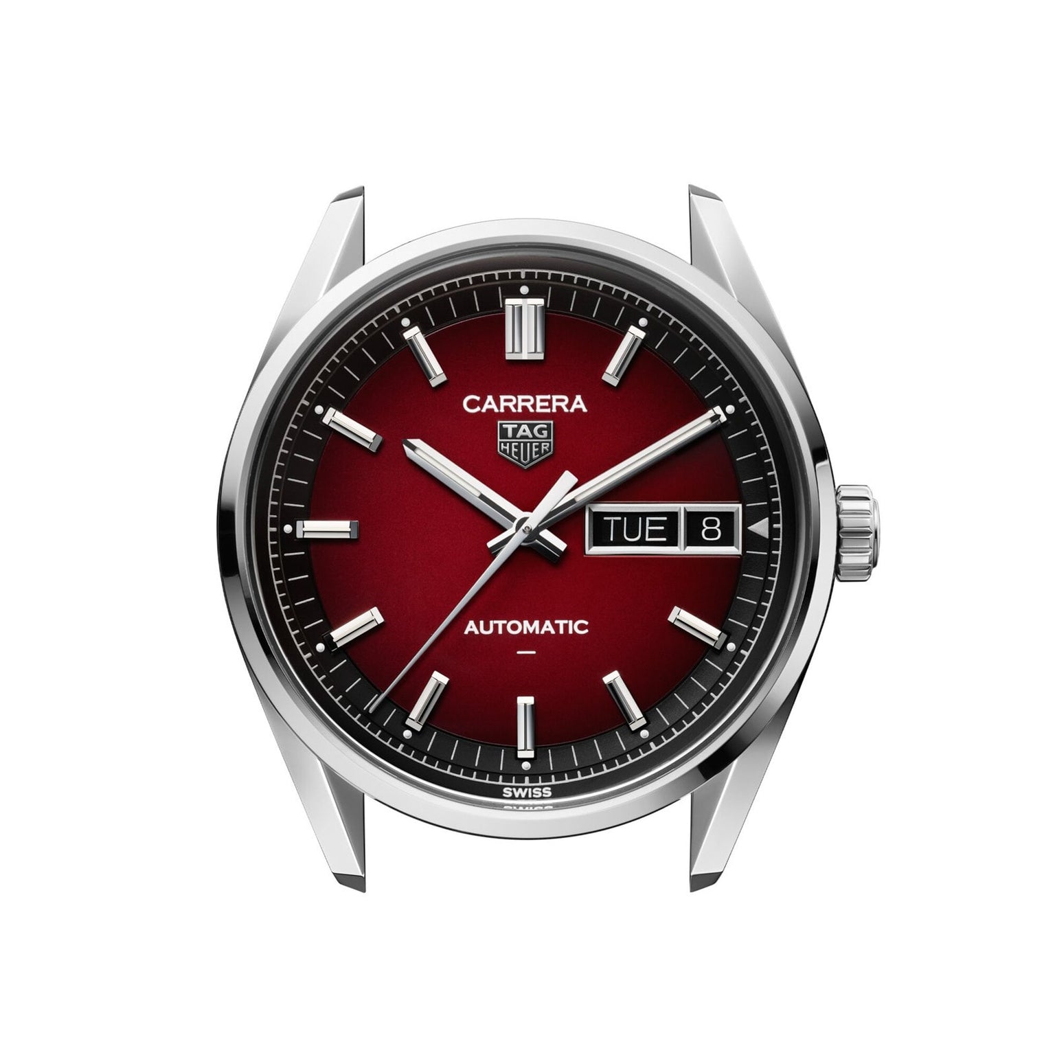 The TAG Heuer Carrera Day-Date features a red dial, silver markers, and a day-date display at 3 o’clock.