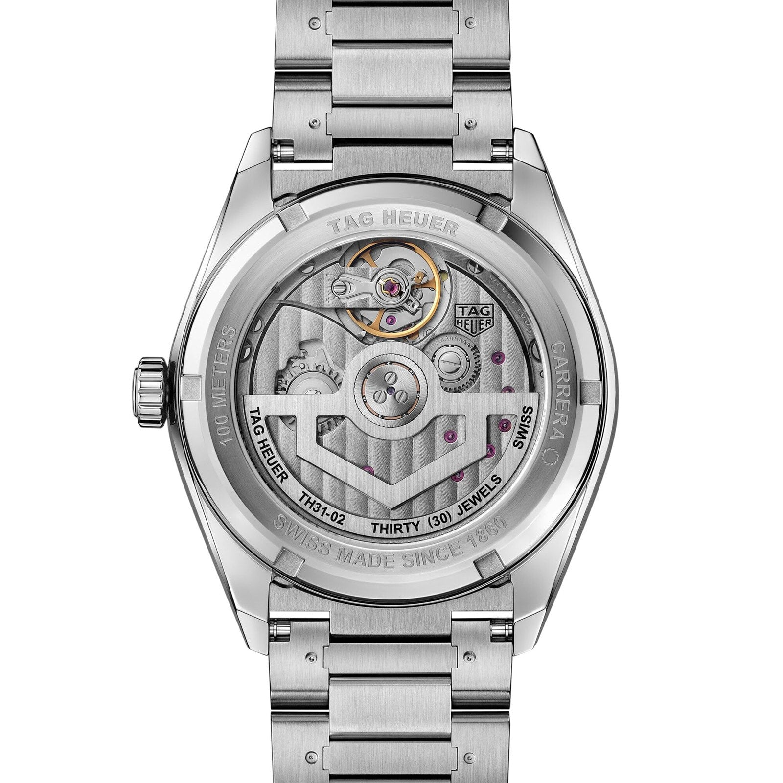 Back view of the TAG Heuer Carrera Day-Date watch with an exposed mechanical movement and a silver metal bracelet.