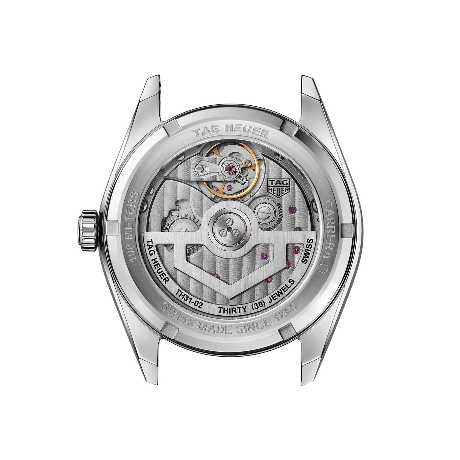 The back of a TAG Heuer Carrera Day-Date watch showcasing its exposed mechanical movement and engraved details.