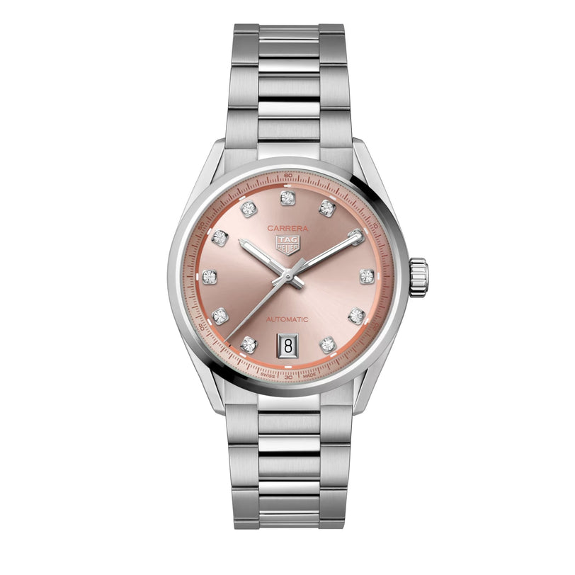 The TAG Heuer Carrera Date features a pink dial with diamond hour markers, date display, and a stainless steel bracelet.