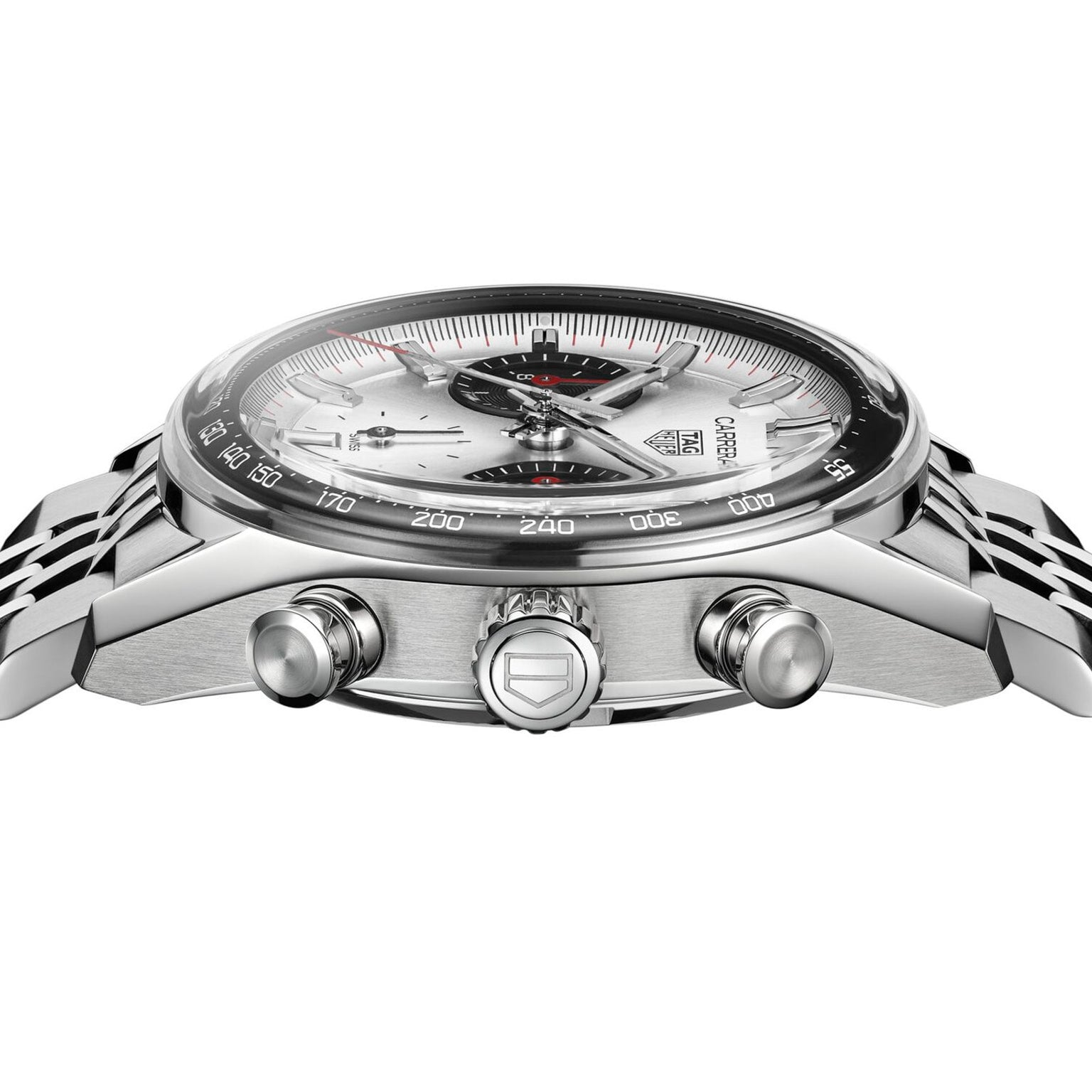 Side view of a silver TAG Heuer Carrera Chronograph watch featuring three pushers and a metal bracelet.