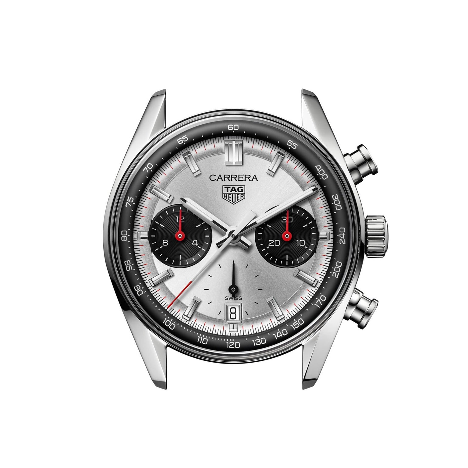The TAG Heuer Carrera Chronograph features a silver case, two black subdials, and a date window at 6 o’clock.