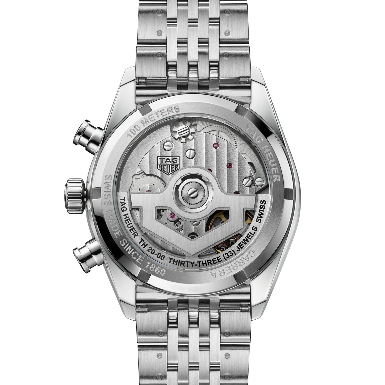 Back view of the TAG Heuer Carrera Chronograph showcasing its exposed automatic movement and stainless steel bracelet.