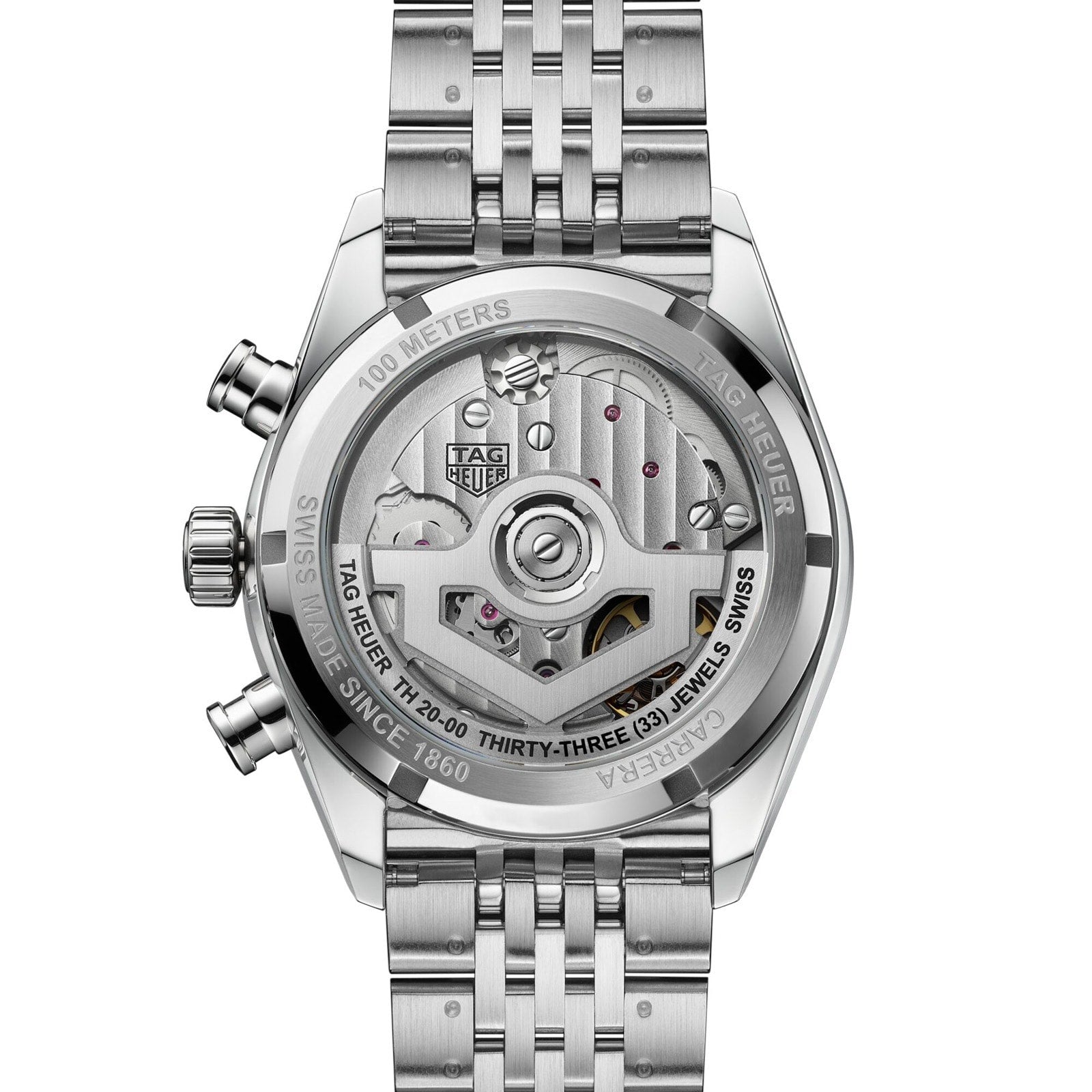 Back view of the TAG Heuer Carrera Chronograph showcasing its exposed automatic movement and stainless steel bracelet.