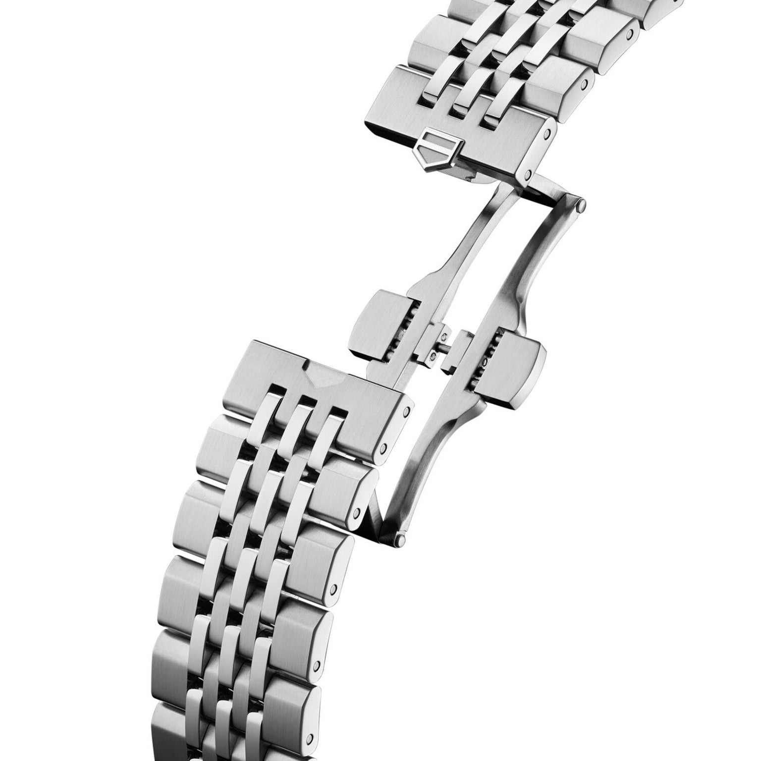 The TAG Heuer Carrera Chronograph features a stainless steel bracelet with a partially open deployment clasp, highlighting its precision mechanism.