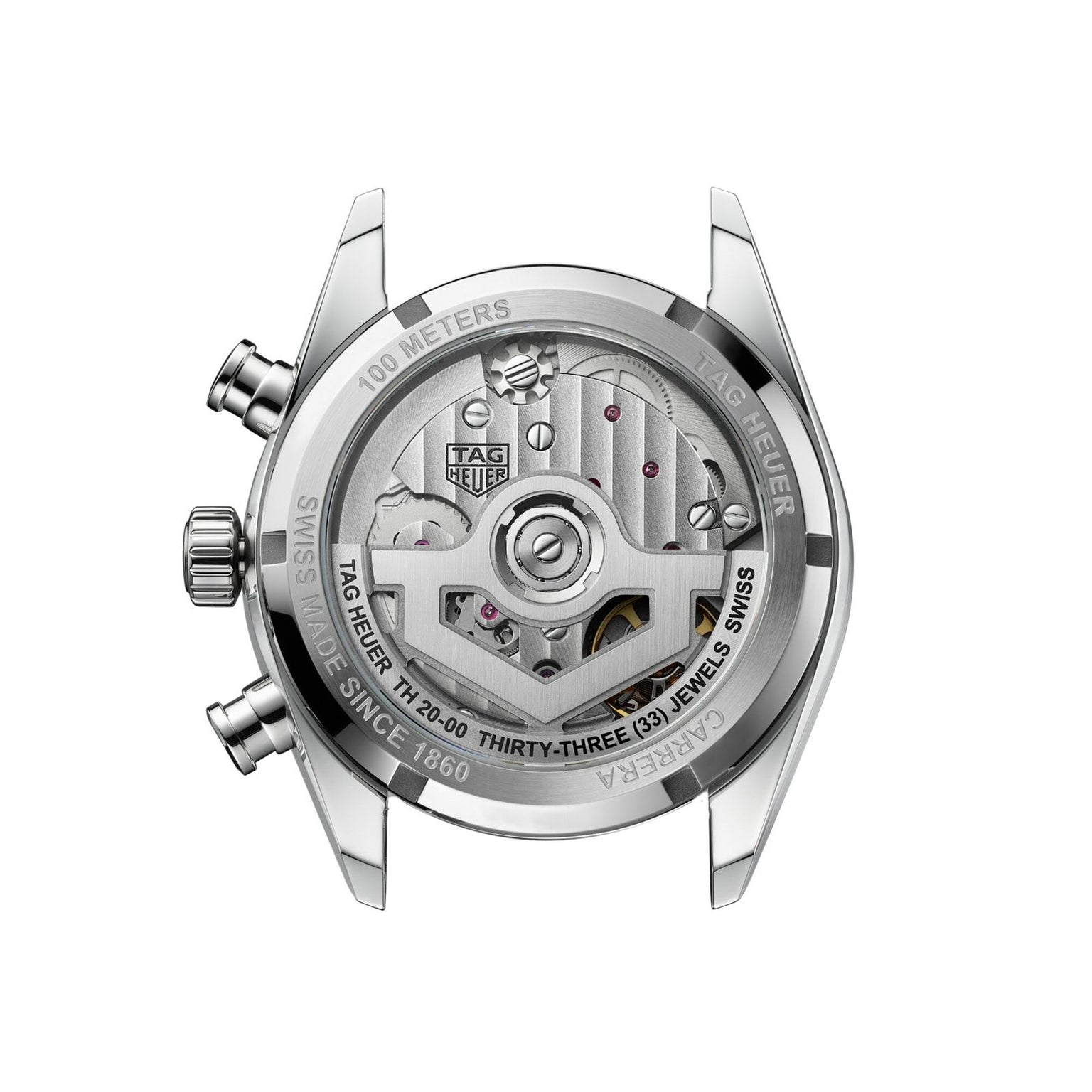 Back view of the TAG Heuer Carrera Chronograph, highlighting its exposed automatic movement and engraved case details.