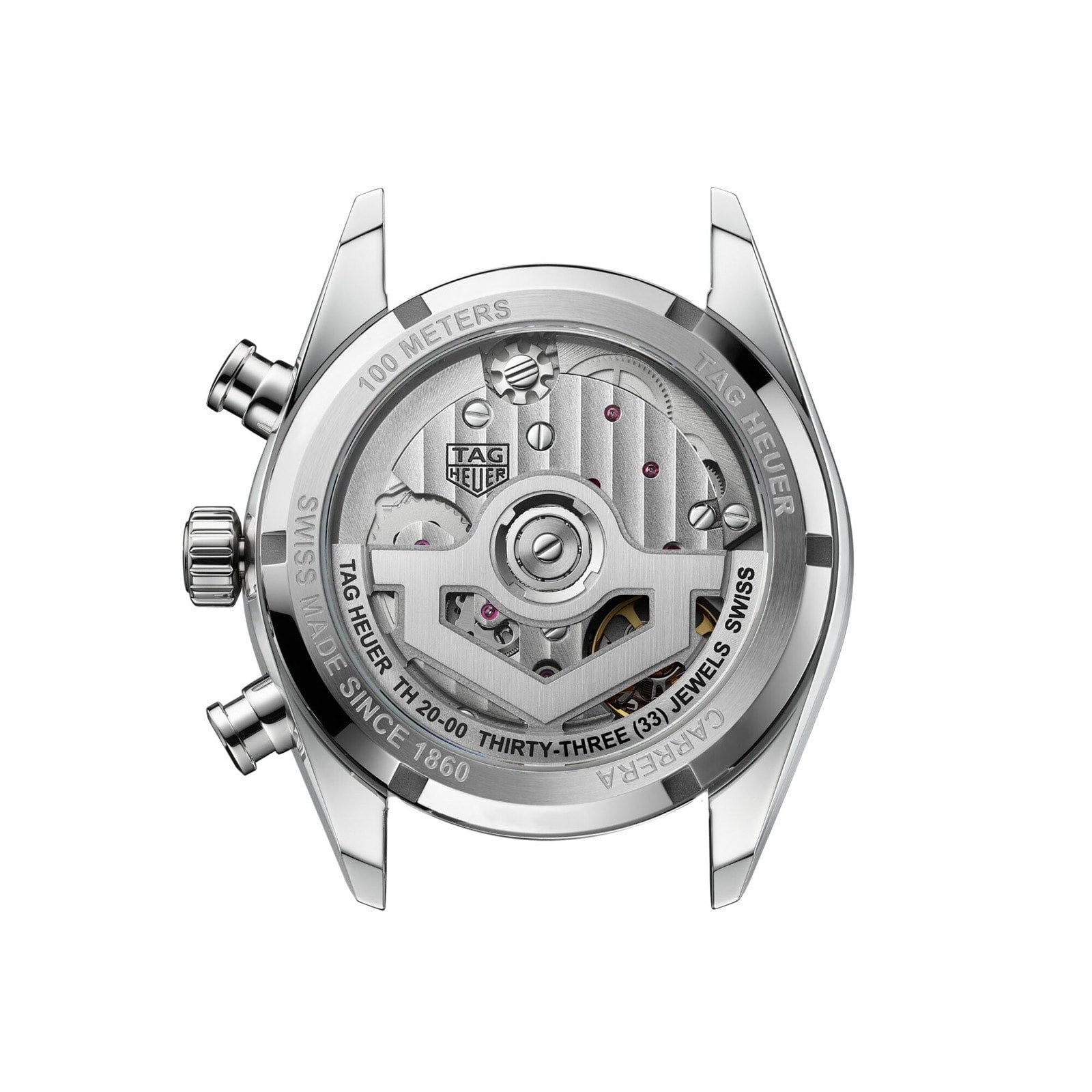 Back view of the TAG Heuer Carrera Chronograph, highlighting its exposed automatic movement and engraved case details.
