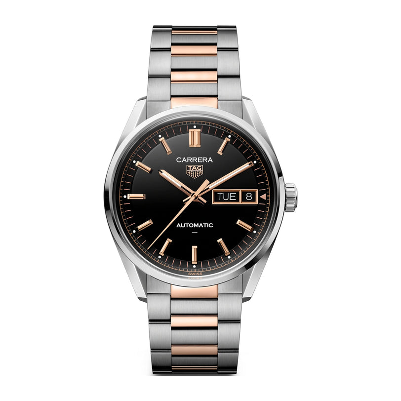 A TAG Heuer Carrera Day-Date watch featuring a black dial, rose gold hour markers, and a silver and rose gold bracelet.