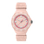 Pink sports watch with red bezel, date window, and matching rubber strap.
