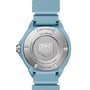 Tag Heuer watch with blue strap and silver case on a white background