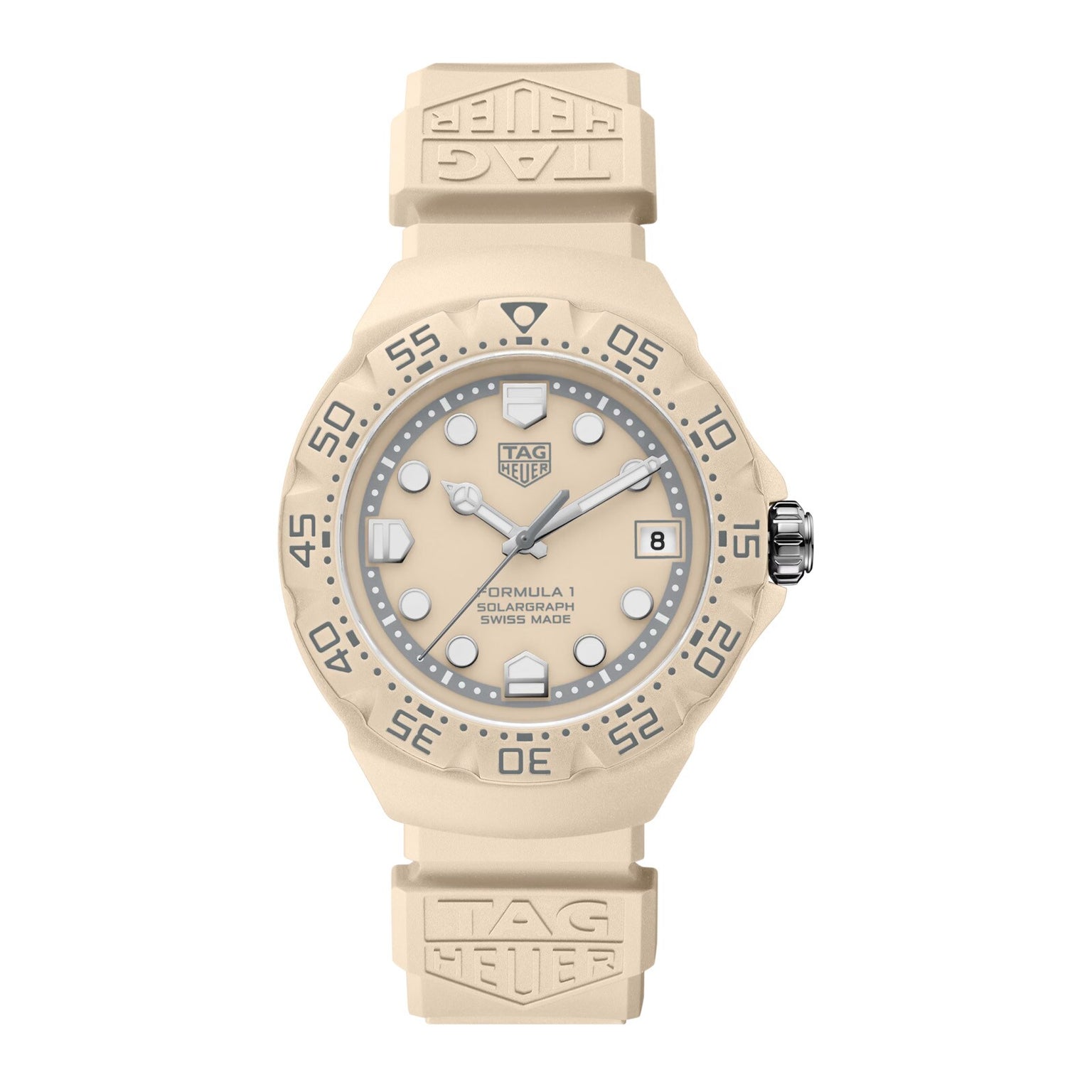 Beige TAG Heuer watch on a white background