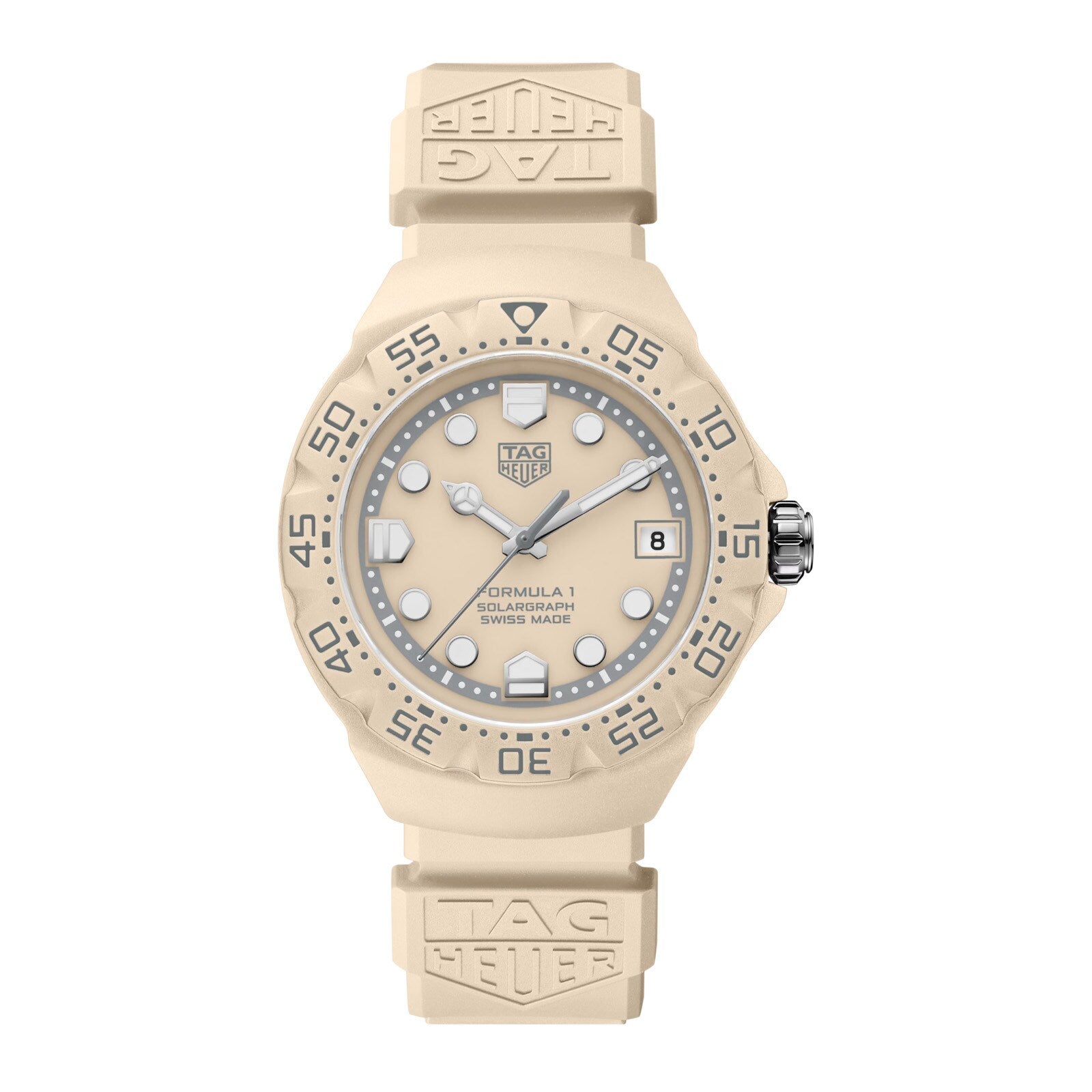 Beige TAG Heuer watch on a white background