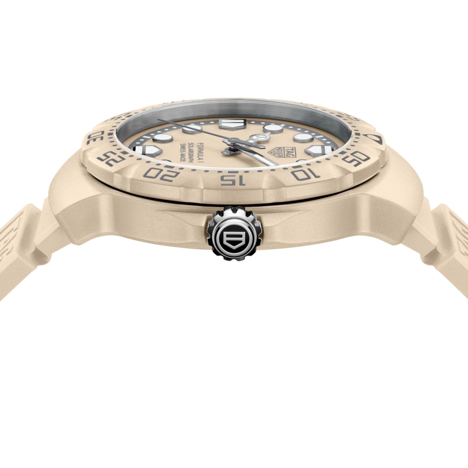 Beige watch with detailed face on a white background