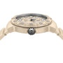 Beige watch with detailed face on a white background