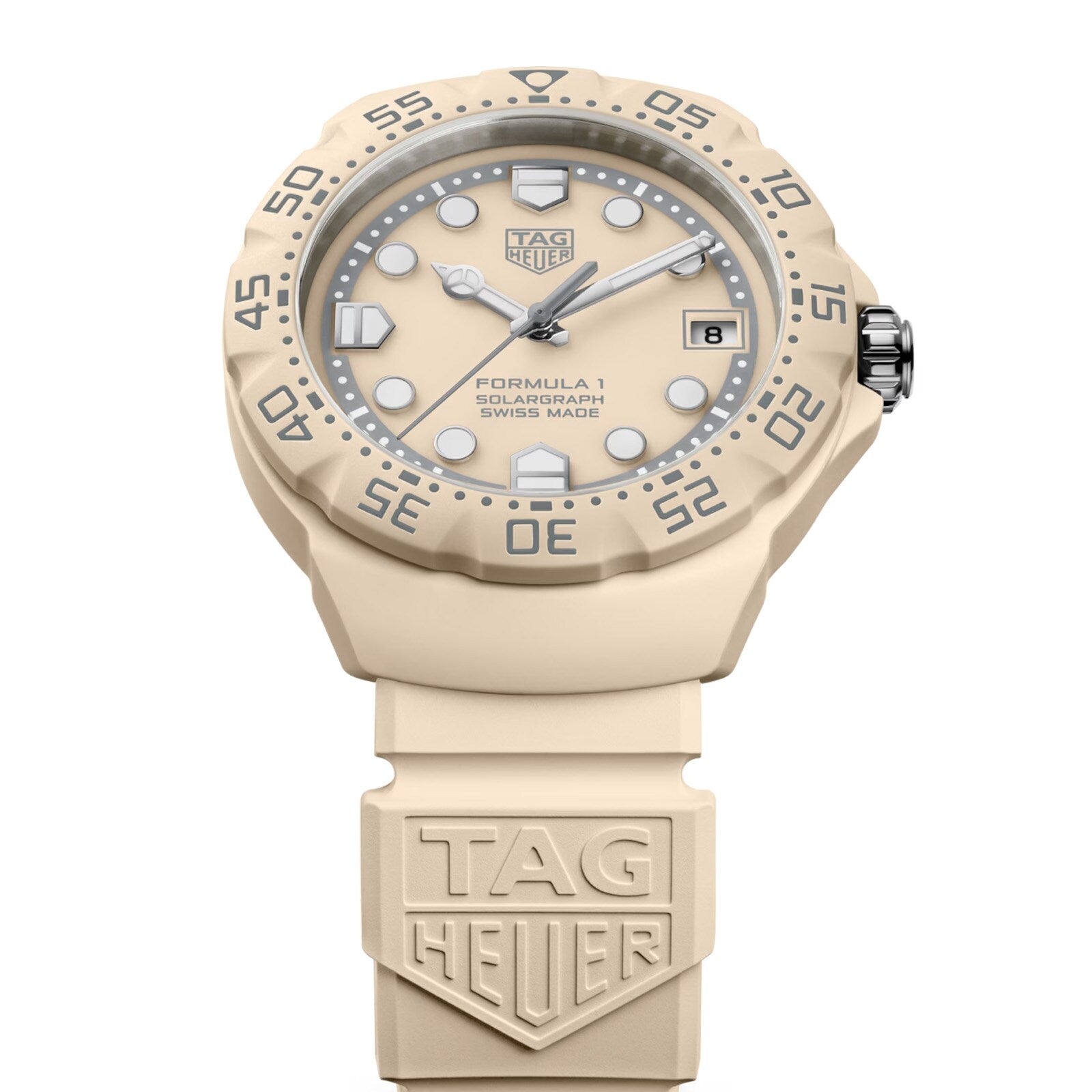 Beige TAG Heuer watch with detailed dial on a white background