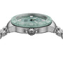 Silver watch with a green face on a white background