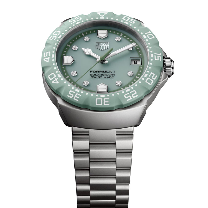 Green watch with silver bracelet on a white background