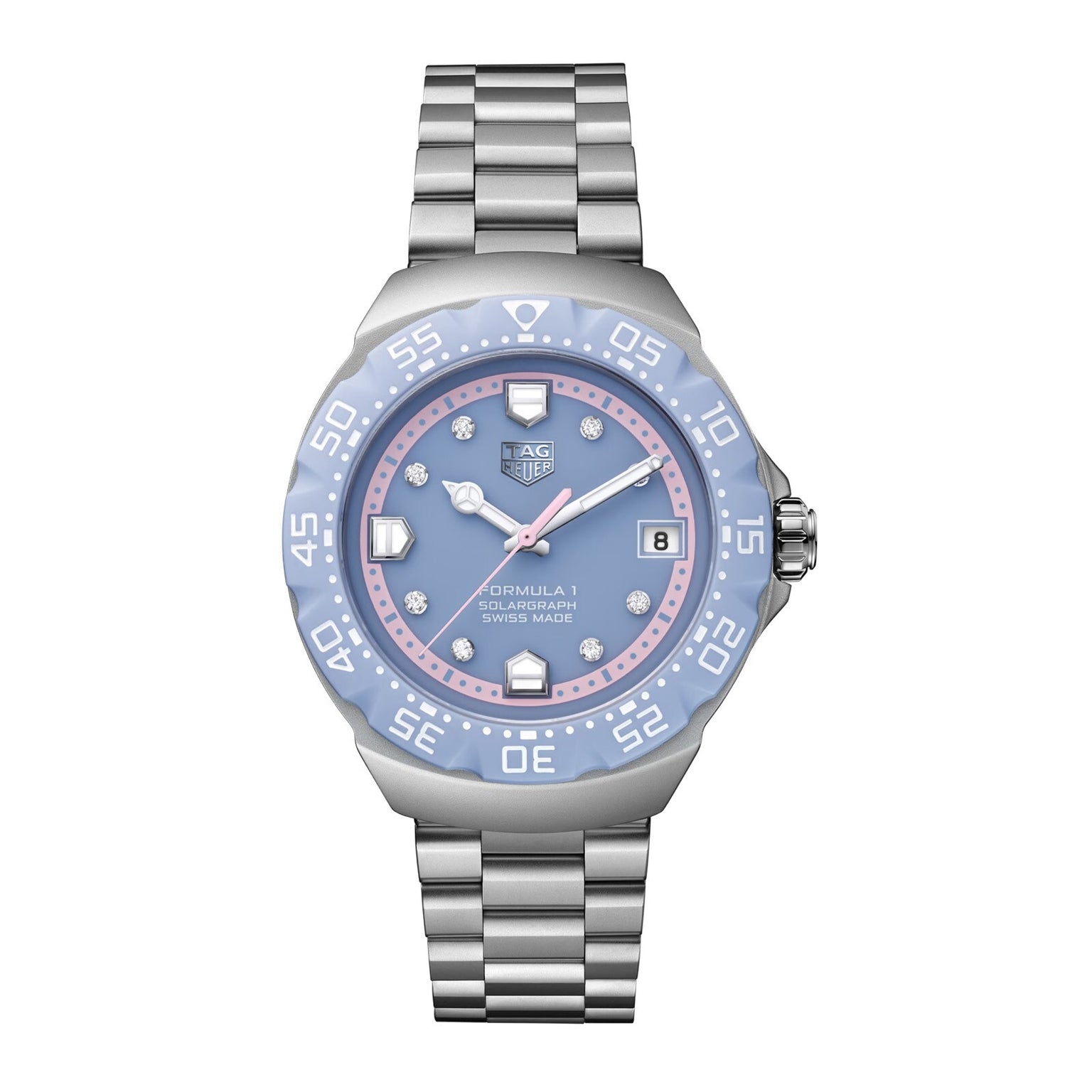 Silver watch with blue dial on a white background