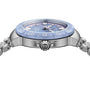 Silver watch with a blue face on a white background