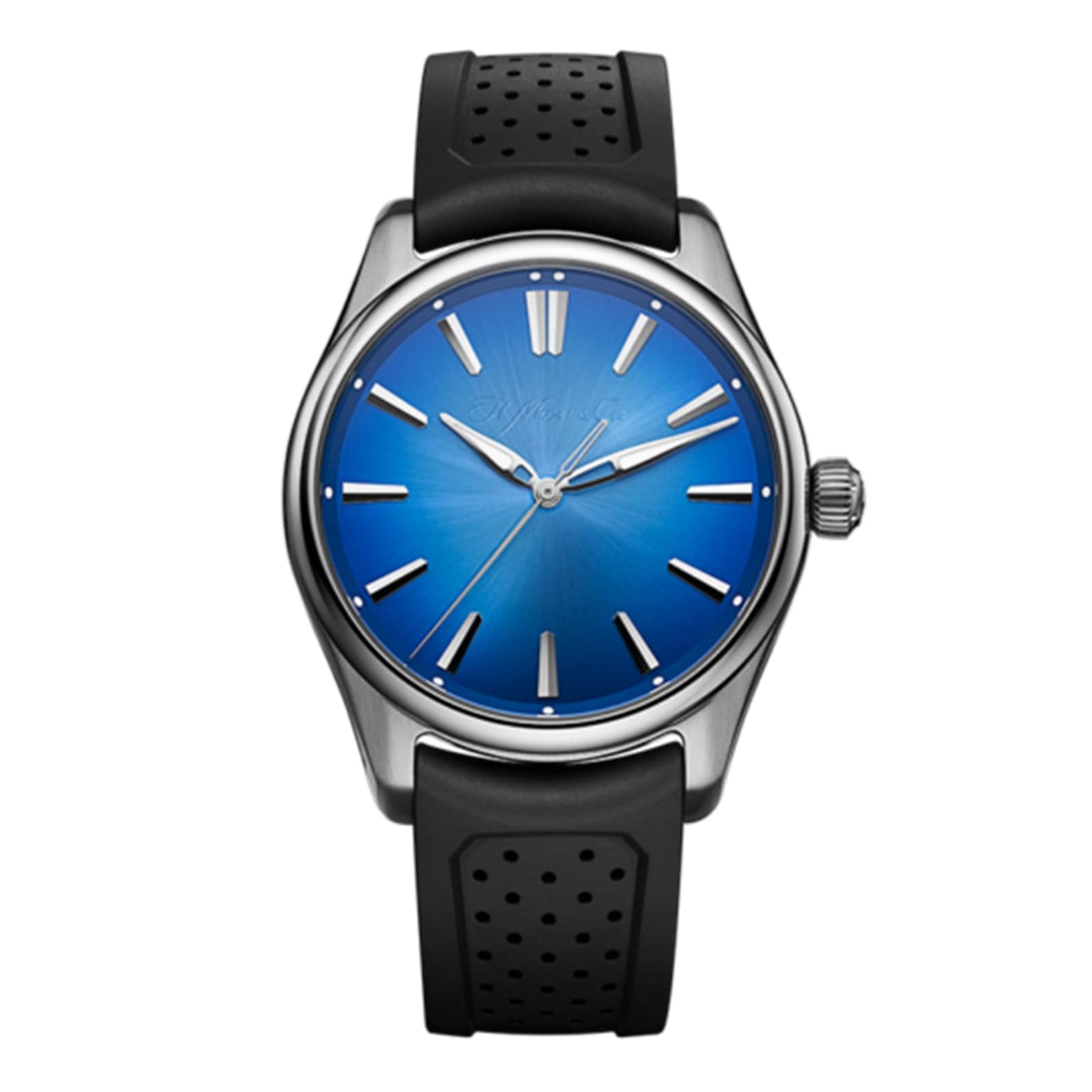 The H. Moser & Cie Pioneer Centre Seconds is a sporty-chic automatic watch with an Arctic Blue fumé dial, silver markers and hands, stainless steel case, and black perforated strap.