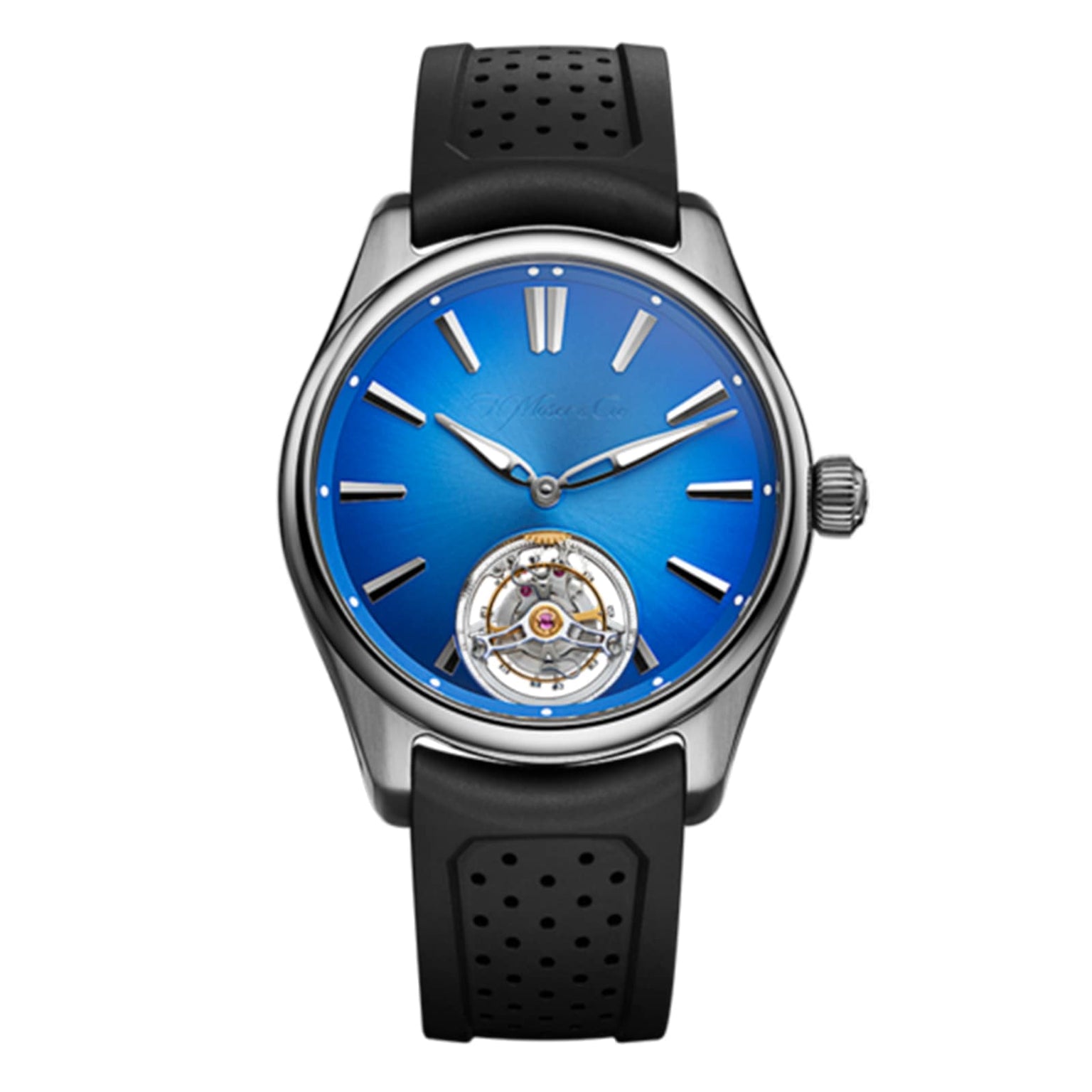 The H. Moser & Cie Pioneer Tourbillon features an Arctic Blue fumé dial, silver hour markers, automatic tourbillon at 6 o’clock, and a black perforated rubber strap in a sporty-chic design.