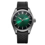 The H. Moser & Cie Pioneer Centre Seconds Cosmic Green features a striking green dial, silver hour markers, and a black perforated strap.