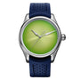 The H. Moser & Cie Pioneer Centre Seconds Concept Citrus Green features a green gradient dial, blue perforated strap, and displays the time 1:53:37.