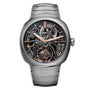 The H. Moser & Cie Streamliner Tourbillon Skeleton is a silver wristwatch with a skeleton dial, exposed gears, tourbillon movement, rose gold accents, and a metal bracelet—ideal for minimalist style lovers.