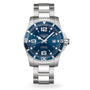 The Longines HydroConquest is a stainless steel diving watch with a blue dial, white markers, date display at 3 o’clock, and a water-resistant metal link bracelet.