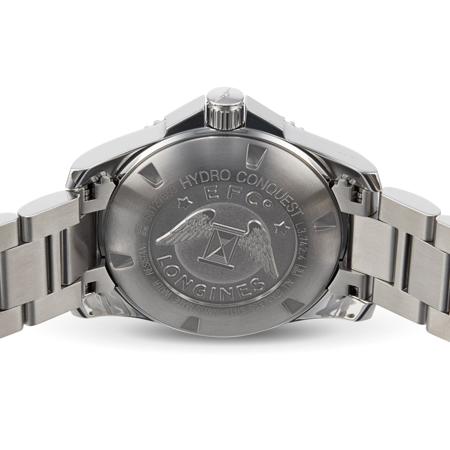 Back view of the Longines HydroConquest watch featuring an engraved case back with the brand’s logo, winged hourglass emblem, and text emphasizing its water-resistant design.