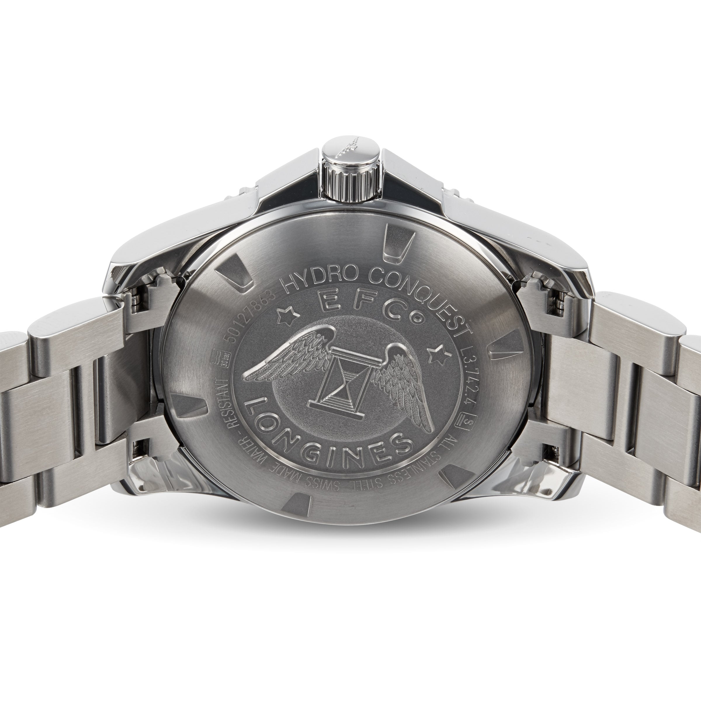 Back view of the Longines HydroConquest watch featuring an engraved case back with the brand’s logo, winged hourglass emblem, and text emphasizing its water-resistant design.